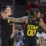 
              Utah Jazz's Jordan Clarkson reacts after a 3-pointer during the second half of the team's NBA basketball game against the Atlanta Hawks on Wednesday, Nov. 9, 2022, in Atlanta. (AP Photo/Hakim Wright Sr.)
            