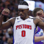 
              Detroit Pistons center Jalen Duren (0) reacts after a play in the first half against the Utah Jazz during an NBA basketball game, Wednesday, Nov. 23, 2022, in Salt Lake City. (AP Photo/Jeff Swinger)
            