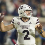 
              Mississippi State quarterback Will Rogers (2) passes against Mississippi during the first half of an NCAA college football game in Oxford, Miss., Thursday, Nov. 24, 2022. (AP Photo/Rogelio V. Solis)
            
