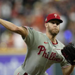 
              Philadelphia Phillies starting pitcher Zack Wheeler delivers during the first inning in Game 2 of baseball's World Series between the Houston Astros and the Philadelphia Phillies on Saturday, Oct. 29, 2022, in Houston. (AP Photo/Eric Gay)
            