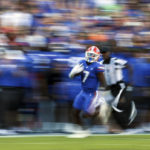 
              Florida running back Trevor Etienne (7) scores an 85-yard touchdown against South Carolina during the first half of an NCAA college football game, Saturday, Nov. 12, 2022, in Gainesville, Fla. (AP Photo/Matt Stamey)
            