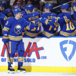 
              Buffalo Sabres left wing Jeff Skinner (53) celebrates his second goal during the second period of an NHL hockey game against the Vancouver Canucks, Tuesday, Nov. 15, 2022, in Buffalo, N.Y. (AP Photo/Jeffrey T. Barnes)
            