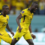 
              Ecuador's Enner Valencia celebrates scoring his side's second goal against Qatar during a World Cup group A soccer match at the Al Bayt Stadium in Al Khor , Qatar, Sunday, Nov. 20, 2022. (AP Photo/Manu Fernandez)
            