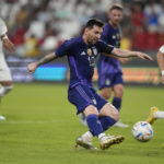 
              Argentina's Lionel Messi scores during a friendly soccer match between Argentina and United Arab Emirates in Abu Dhabi, Wednesday, Nov. 16, 2022. (AP Photo/Kamran Jebreili)
            