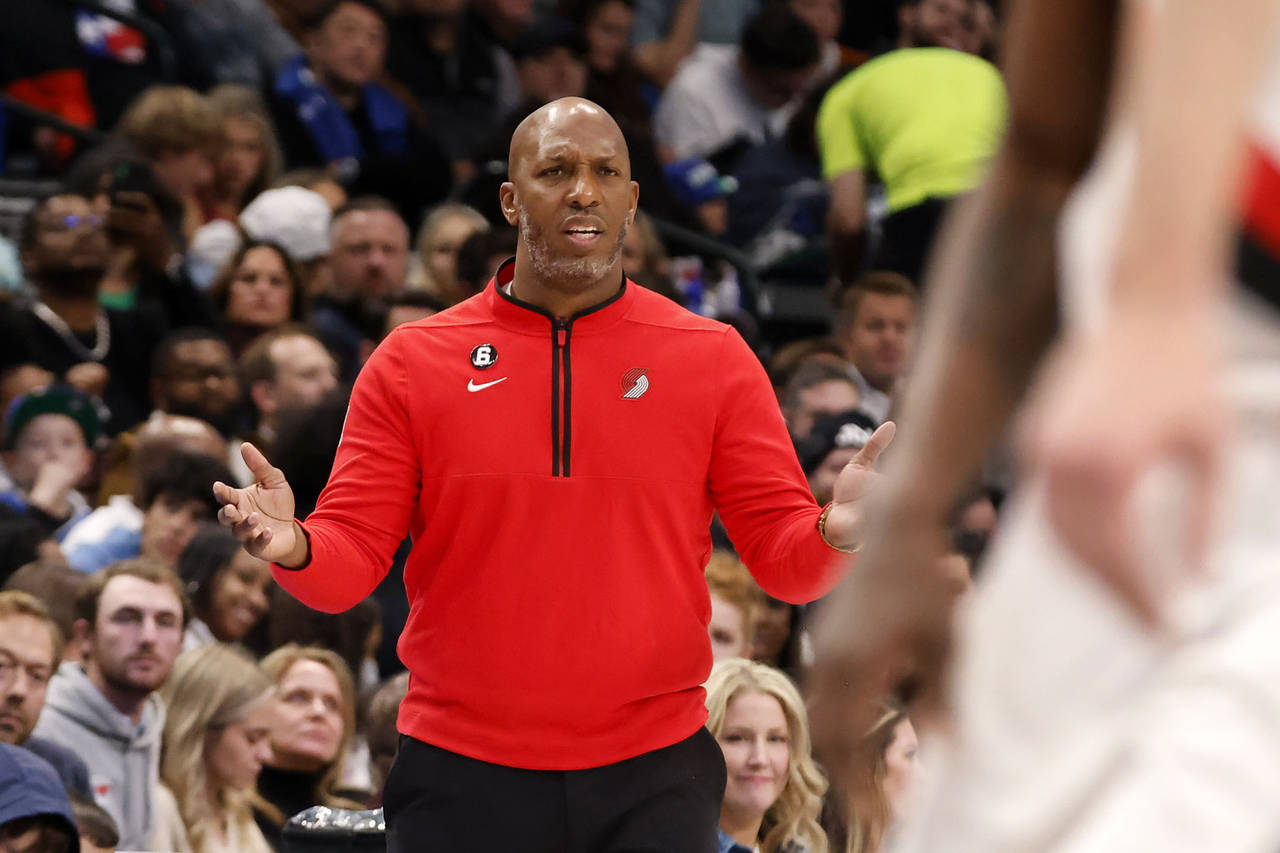 Portland Trail Blazers coach Chauncey Billups reacts to a call during the second half of the team's...