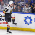 
              Vegas Golden Knights center Jack Eichel celebrates a goal during the third period of the team's NHL hockey game against the Buffalo Sabres, Thursday, Nov. 10, 2022, in Buffalo, N.Y. (AP Photo/Jeffrey T. Barnes)
            