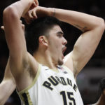 
              Purdue center Zach Edey (15) reacts to a foul call during the team's NCAA college basketball game against Austin Peay on Friday, Nov. 11, 2022, in West Lafayette, Ind. (Alex Martin/Journal & Courier via AP)
            