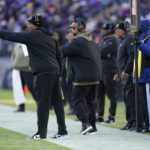 
              Carolina Panthers head coach Steve Wilks, left, directs his team in the second half of an NFL football game against the Baltimore Ravens Sunday, Nov. 20, 2022, in Baltimore. (AP Photo/Patrick Semansky)
            