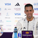 
              Spain's Sergio Busquets speaks to reporters during a news conference, in Doha, Qatar, Tuesday, Nov. 22, 2022. Spain will play its first match in Group E in the World Cup against Costa Rica on Nov. 23. (AP Photo/Julio Cortez)
            