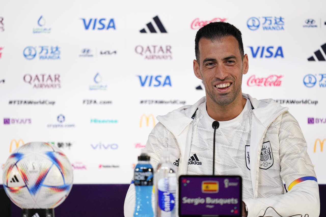 Spain's Sergio Busquets speaks to reporters during a news conference, in Doha, Qatar, Tuesday, Nov....