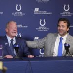 
              Indianapolis Colts interim coach Jeff Saturday speaks while team owner Jim Irsay listens during a news conference at the NFL football team's practice facility Monday, Nov. 7, 2022, in Indianapolis. (AP Photo/Darron Cummings)
            