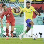 
              Brazil's Gabriel Jesus, right, and Switzerland's Granit Xhaka challenge for the ball during the World Cup group G soccer match between Brazil and Switzerland at the Stadium 974 in Doha, Qatar, Monday, Nov. 28, 2022. (AP Photo/Hassan Ammar)
            