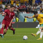 
              Australia's Mathew Leckie scores his side's first goal during the World Cup group D soccer match between Australia and Denmark, at the Al Janoub Stadium in Al Wakrah, Qatar, Wednesday, Nov. 30, 2022. (AP Photo/Thanassis Stavrakis)
            