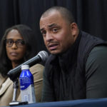 
              University of Virginia Athletic Directer Carla Williams, left, and head football coach, Tony Elliott, right, speak to the media during a press conference concerning the killing of three football players as well as the wounding of two others at the University of Virginia Tuesday Nov. 15, 2022, in Charlottesville. Va. Authorities say three people have been killed and two others were wounded in a shooting at the University of Virginia and a student suspect is in custody. (AP Photo/Steve Helber)
            