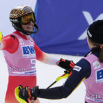 
              Switzerland's Wendy Holdener, left, embraces Switzerland's Anna Swenn Larsson after a World Cup slalom skiing race Sunday, Nov. 27, 2022, in Killington, Vt. (AP Photo/Robert F. Bukaty)
            