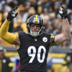 
              Pittsburgh Steelers linebacker T.J. Watt (90) encourages fans to make noise during the first half of an NFL football game against the New Orleans Saints in Pittsburgh, Sunday, Nov. 13, 2022. (AP Photo/Don Wright)
            