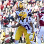 
              LSU running back Josh Williams (27) celebrates with teammate Mason Taylor (86) after scoring a touchdown against Arkansas during the second half of an NCAA college football game Saturday, Nov. 12, 2022, in Fayetteville, Ark. (AP Photo/Michael Woods)
            