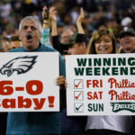 
              Philadelphia Eagles fans display signs for the undefeated Eagles and the Philadelphia Phillies after an NFL football game against the Dallas Cowboys on Sunday, Oct. 16, 2022, in Philadelphia. (AP Photo/Chris Szagola)
            