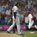 
              Philadelphia Phillies' Rhys Hoskins rounds the bases after a home run off Houston Astros starting pitcher Lance McCullers Jr. during the fifth inning in Game 3 of baseball's World Series between the Houston Astros and the Philadelphia Phillies on Tuesday, Nov. 1, 2022, in Philadelphia. (AP Photo/David J. Phillip)
            