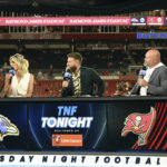 
              The Thursday Night Football crew, from left, Tony Gonzalez, Charissa Thompson, Ryan Fitzpatrick, Andrew Whitworth, and Richard Sherman, are shown before an NFL football game between the Baltimore Ravens and Tampa Bay Buccaneers Thursday, Oct. 27, 2022, in Tampa, Fla. (AP Photo/Jason Behnken)
            