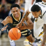 
              Virginia Commonwealth guard Zeb Jackson (2) steals the ball from Vanderbilt guard Tyrin Lawrence (0) during the first half of an NCAA college basketball game, Wednesday, Nov. 30, 2022 at Seigel Center in Richmond, Va. (Shaban Athuman/Richmond Times-Dispatch via AP)
            
