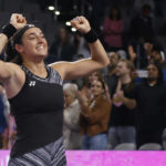 
              Caroline Garcia, of France, celebrates after defeating Aryna Sabalenka, of Belarus, in the singles final at the WTA Finals tennis tournament in Fort Worth, Texas, Monday, Nov. 7, 2022. (AP Photo/Ron Jenkins)
            