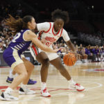 
              Ohio State's Eboni Walker, right, posts up against North Alabama's Skyler Gill during the second half of an NCAA college basketball game on Sunday, Nov. 27, 2022, in Columbus, Ohio. (AP Photo/Jay LaPrete)
            
