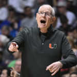 
              Miami head coach Jim Larrañaga reacts in the second half of an NCAA college basketball game against Providence, Saturday, Nov. 19, 2022, in Uncasville, Conn. (AP Photo/Jessica Hill)
            