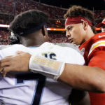 
              Kansas City Chiefs quarterback Patrick Mahomes, right, greets Tennessee Titans quarterback Malik Willis (7) after their NFL football game Sunday, Nov. 6, 2022, in Kansas City, Mo. The Chiefs won 20-17 in overtime. (AP Photo/Charlie Riedel)
            
