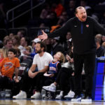 
              New York Knicks head coach Tom Thibodeau yells during the first half of an NBA basketball game against the Oklahoma City Thunder, Nov. 13, 2022, in New York. The Thunder won 145-135. (AP Photo/Julia Nikhinson)
            