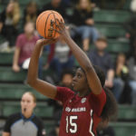 
              South Carolina forward Laeticia Amihere (15) shoots a free throw in the second half of an NCAA college basketball game against Cal Poly, Tuesday, Nov. 22, 2022, in San Luis Obispo, Calif. (AP Photo/Nic Coury)
            