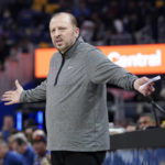 
              New York Knicks head coach Tom Thibodeau reacts toward officials during the first half of his team's NBA basketball game against the Golden State Warriors in San Francisco, Friday, Nov. 18, 2022. (AP Photo/Jeff Chiu)
            