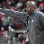 
              Georgetown's head basketball coach Patrick Ewing points during an NCAA college basketball game against Texas Tech, Wednesday, Nov. 30, 2022, at United Supermarkets Arena in Lubbock, Texas. (Annie Rice/Lubbock Avalanche-Journal via AP)
            