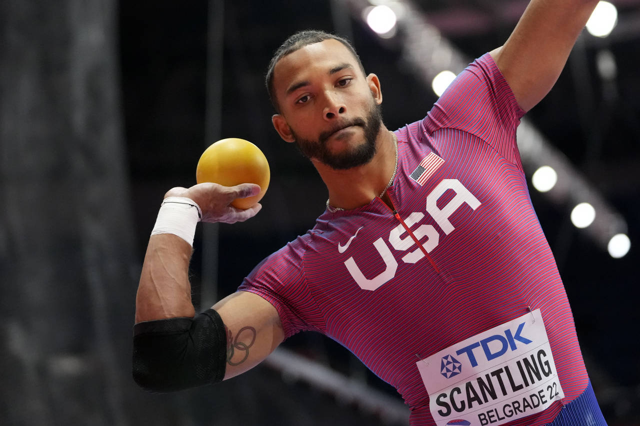 FILE - Garrett Scantling, of the United States, makes an attempt in the shot put competition in the...