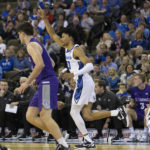 
              Creighton's Trey Alexander, right, reacts after hitting a 2-pointer against St. Thomas during the first half of an NCAA college basketball game Monday, Nov. 7, 2022, in Omaha, Neb. (AP Photo/Rebecca S. Gratz)
            