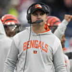 
              Cincinnati Bengals head coach Zac Taylor walks the sidelines during the second half of an NFL football game against the Tennessee Titans, Sunday, Nov. 27, 2022, in Nashville, Tenn. (AP Photo/Gerald Herbert)
            