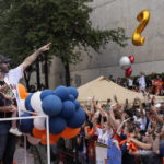 
              Houston Astros' Justin Verlander gestures toward fans during a victory parade for the World Series baseball champions Monday, Nov. 7, 2022, in Houston. (AP Photo/David J. Phillip)
            