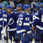
              Tampa Bay Lightning goaltender Andrei Vasilevskiy (88) celebrates with his teammates after the team defeated the Ottawa Senators during an NHL hockey game Tuesday, Nov. 1, 2022, in Tampa, Fla. (AP Photo/Chris O'Meara)
            