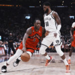 
              Toronto Raptors forward O.G. Anunoby (3) drives against Brooklyn Nets forward Royce O'Neale (00) during the first half of an NBA basketball game Wednesday, Nov. 23, 2022, in Toronto. (Chris Young/The Canadian Press via AP)
            