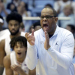 
              North Carolina head coach Hubert Davis cheers on his team against College of Charleston during the second half of an NCAA college basketball game Friday, Nov. 11, 2022, in Chapel Hill, N.C. (AP Photo/Chris Seward)
            