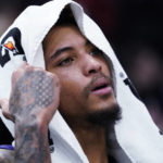 
              Charlotte Hornets guard Kelly Oubre Jr., reacts as he watches during the second half of an NBA basketball game against the Chicago Bulls in Chicago, Wednesday, Nov. 2, 2022. The Bulls won 106-88. (AP Photo/Nam Y. Huh)
            