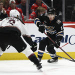 
              Washington Capitals center Dylan Strome (17) skates with the puck against Arizona Coyotes defenseman Patrik Nemeth (2) during the first period of an NHL hockey game, Saturday, Nov. 5, 2022, in Washington. (AP Photo/Nick Wass)
            