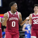 
              Indiana guard Xavier Johnson (0) reacts after being assessed a technical foul during the first half of an NCAA college basketball game against Xavier, Friday, Nov. 18, 2022, in Cincinnati. (AP Photo/Joshua A. Bickel)
            