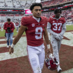 
              Alabama quarterback Bryce Young (9) departs the field after a 34-0 win over Austin Peay at an NCAA college football game, Saturday, Nov. 19, 2022, in Tuscaloosa, Ala. (AP Photo/Vasha Hunt)
            