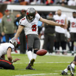 
              Tampa Bay Buccaneers place kicker Ryan Succop (3) kicks a 42-yard field goal during the first half of an NFL football game against the Cleveland Browns in Cleveland, Sunday, Nov. 27, 2022. (AP Photo/Ron Schwane)
            