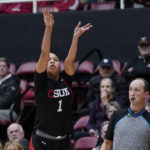 
              Cal State Northridge guard Jordyn Jackson shoots a 3-pointer against Stanford during the first half of an NCAA college basketball game in Stanford, Calif., Wednesday, Nov. 9, 2022. (AP Photo/Godofredo A. Vásquez)
            