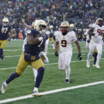 
              Notre Dame running back Audric Estime goes in for a touchdown during the first half of an NCAA college football game against Boston College, Saturday, Nov. 19, 2022, in South Bend, Ind. (AP Photo/Darron Cummings)
            