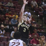
              Purdue guard Braden Smith (3) shoots over Florida State guard Darin Green Jr. (22) during the first half of an NCAA college basketball game in Tallahassee, Fla., Wednesday, Nov. 30, 2022. (AP Photo/Phil Sears)
            