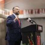 
              New Nebraska NCAA college football coach Matt Rhule gestures during an introductory press conference,Monday, Nov. 28, 2022, in Lincoln, Neb. (AP Photo/Rebecca S. Gratz)
            