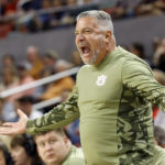 
              Auburn coach Bruce Pearl reacts to a call during the first half of the team's NCAA college basketball game against South Florida on Friday, Nov. 11, 2022, in Auburn, Ala. (AP Photo/Butch Dill)
            